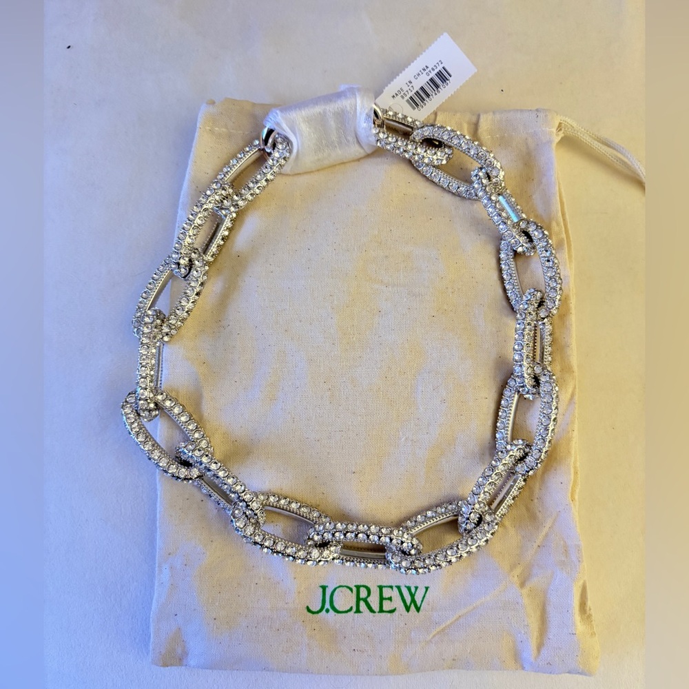 J.Crew Pave Crystal Chainlink Necklace Silver 16” NWT Rare w Jewelry Bag BS717